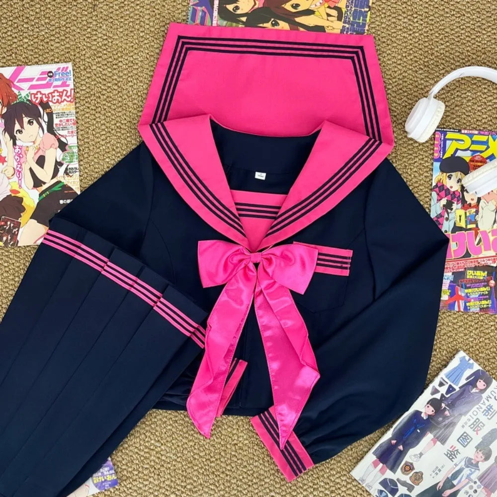 Japanese Dark College Style Rose Red Three Sailor Suit JK School Uniform,Slim Pleated Skirt Set for Campus Daily Graduation Wear
