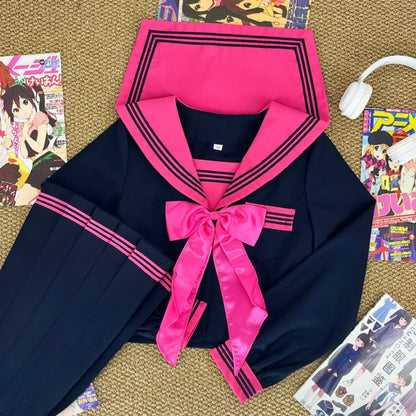 Japanese Dark College Style Rose Red Three Sailor Suit JK School Uniform,Slim Pleated Skirt Set for Campus Daily Graduation Wear