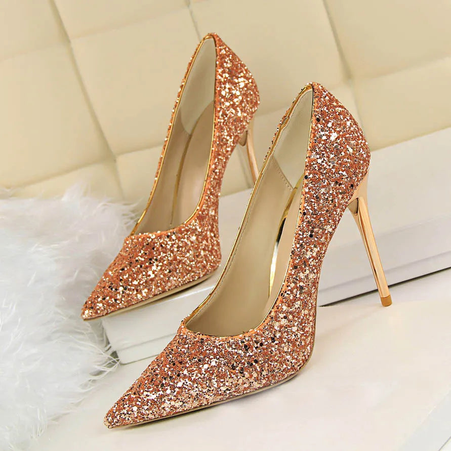 Women 7cm 9.5cm High Heels Pumps Wedding Bridal Scarpins Sparkly Mid Heels Lady Party Sequins Glitter Evening Gold Silver Shoes