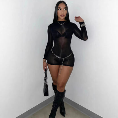 Sexy Oli Play Bodysuit Bodycon Jumpsuit Women Mesh Black See-through Outfit 2026 Spring New Ventilate Skinny Bodycon Club Skirt