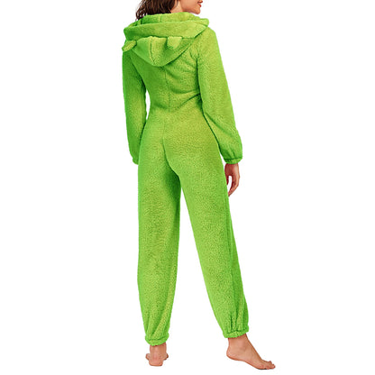 Women Winter Warm Plush Romper Pajamas Solid Color Long-Sleeve Zipper High Neck Hooded Homewear S/M/L/XL/2XL