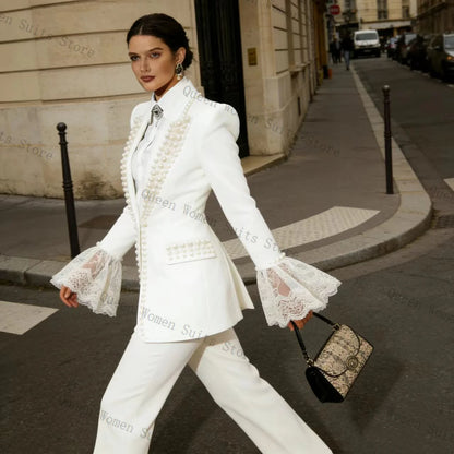 White Pearls Lace Women Suit Set 2 Pcs Blazer Pants Cotton Outfit Prom Formal Office Lady Jacket Wedding Coat Customized