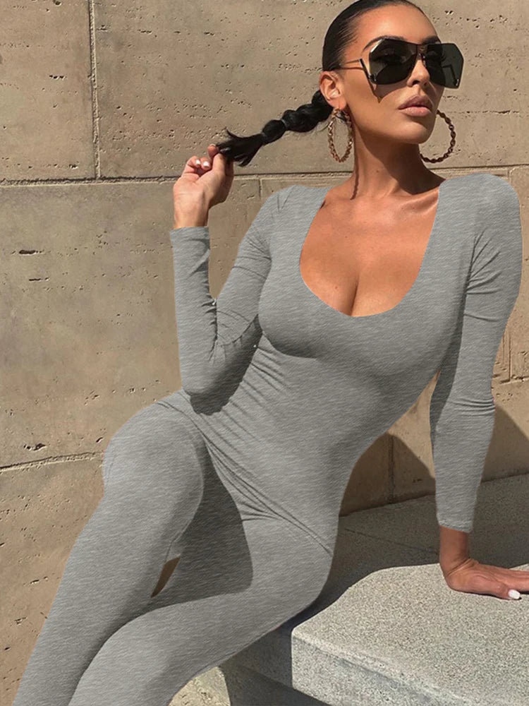 Hugcitar 2025 Square Collar Solid Long Sleeve Stretchy Bodycon Jumpsuits Winter Women Fashion Romper Streetwear Sport Wholesale