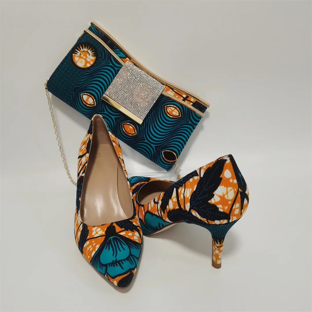 Fashion African Women Wedding Party Wax Shoes and Bag to Match Nigeria Ankara Style Print Shoes Bag Set F1110-1