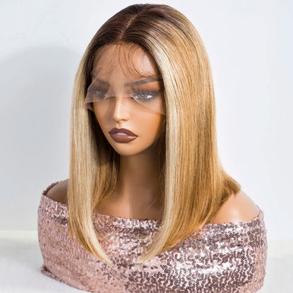 Sleek 13X4 Lace Front Brazilian Hair Wigs Brown Blonde Human Hair Wigs For Women 14 Inch Straight Bob Lace Wigs With 613 Hair