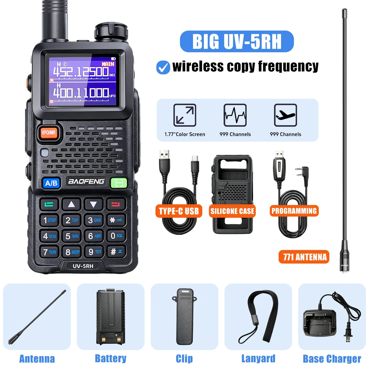 Baofeng UV5RH Walkie-Talkie, NewWireless Copy Model, Type-C NOAA Long Range 999CH, Car-Mounted Handheld Transceiver, Fleet