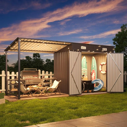6x4FT Outdoor Metal Shed and Hardtop Gazebo Combo 12x4FT Lean to with PergolaA Black