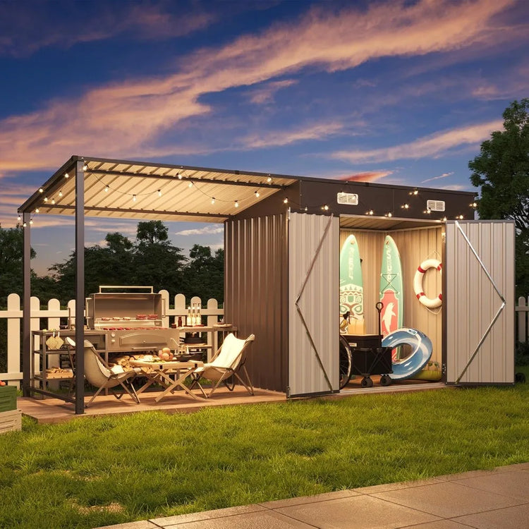 6x4FT Outdoor Metal Shed and Hardtop Gazebo Combo 12x4FT Lean to with PergolaA Black