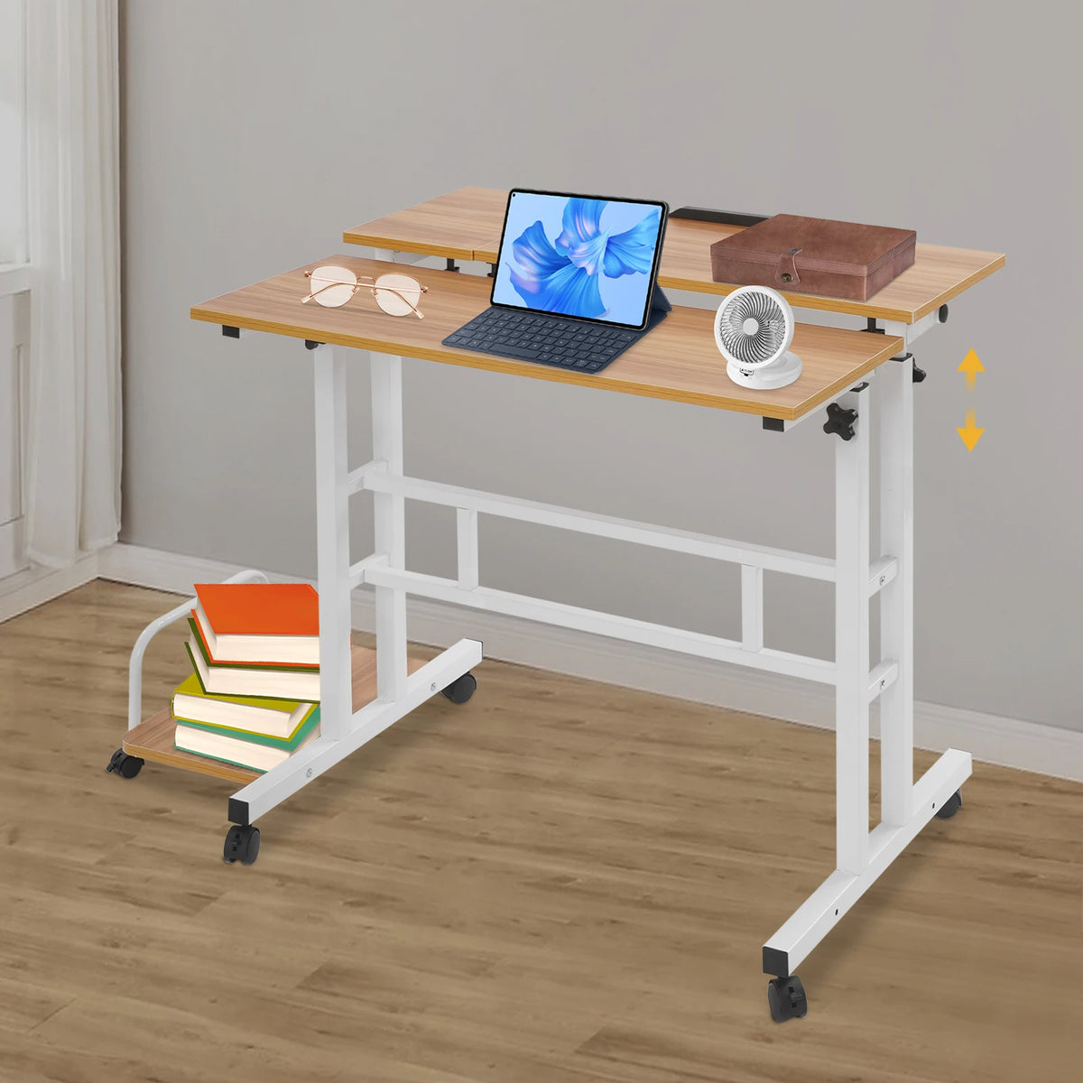Mobile Computer Desk  with Tiltable Panels 6 Casters Adjustable Height Ergonomic Foldable Sit Stand Workstation for Home Office Dormitory Study Room