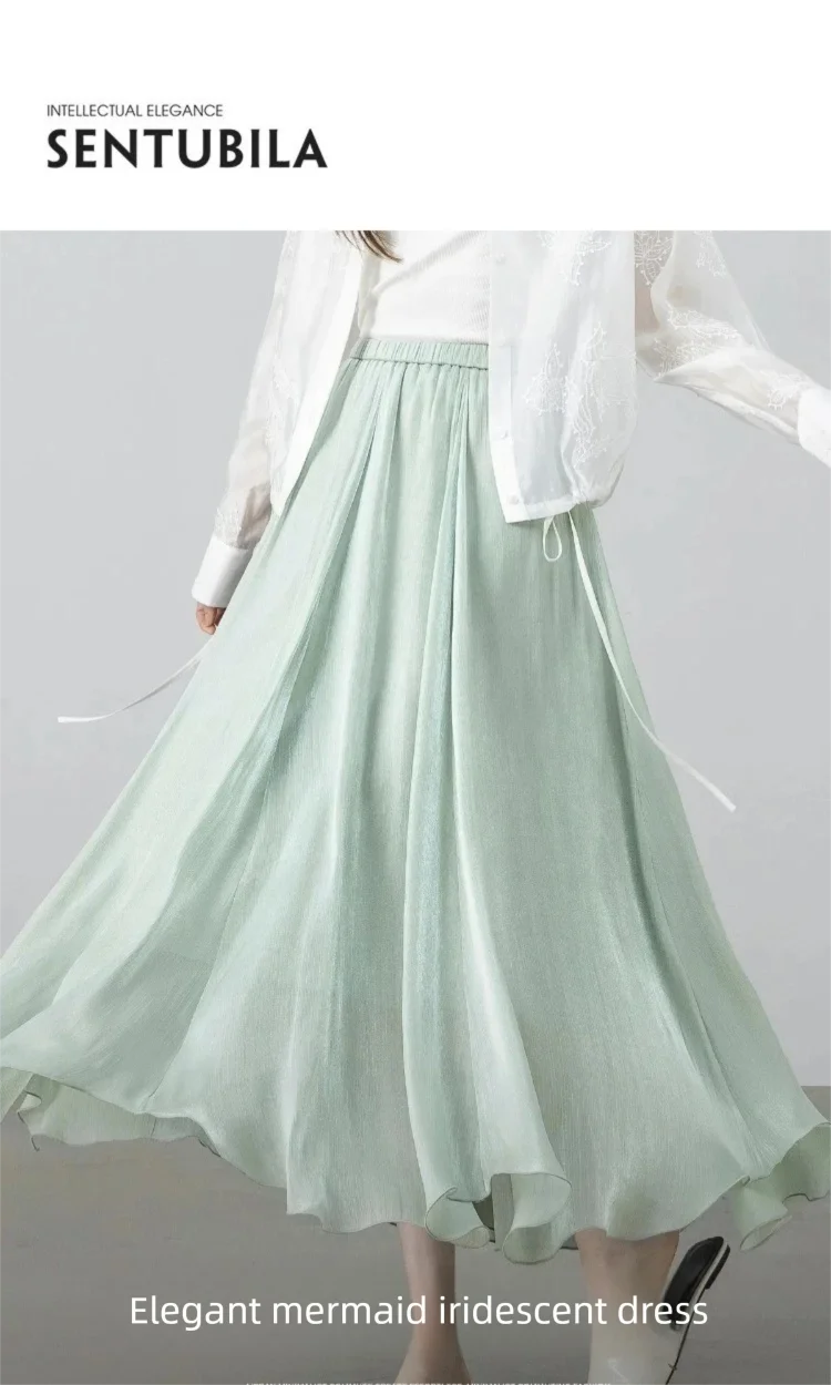 SENTUBILA Women's Summer Skirt 2026 Elegant Elastic Waist Sheen Flowy A Line Long Skirt for Woman Ladies Clothes 162QG4909