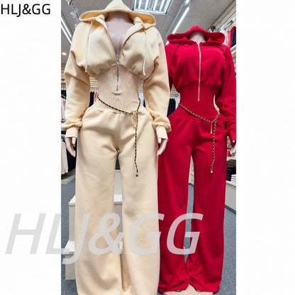 HLJ&GG Autumn Light Fleece Hooded Wine Leg Pants One Piece Jumpsuits Women Zipper Long Sleeve High Waist Sweat Sport Sportswears
