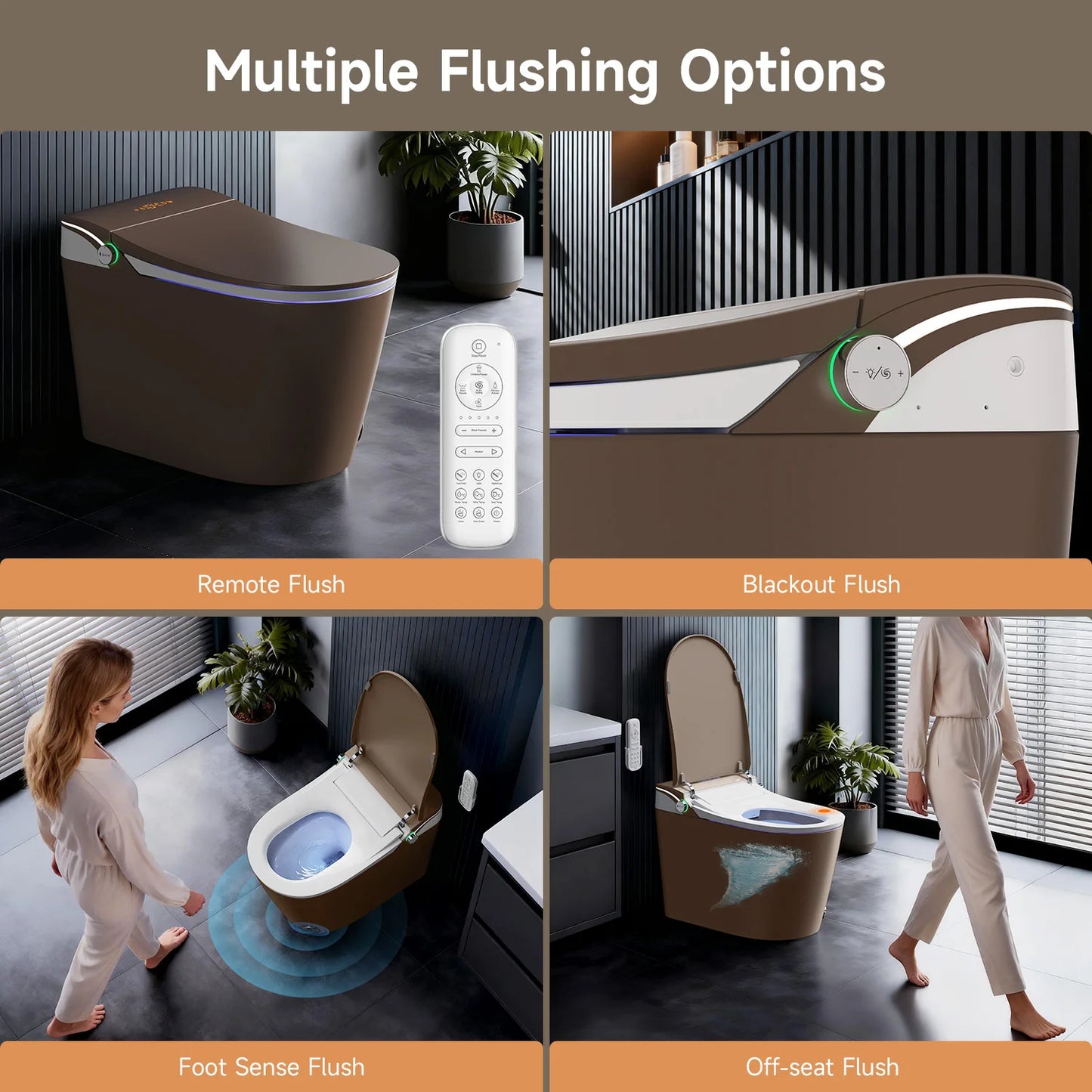 Brown Smart Tankless Toilet 1.28 GPF Dual-Flush Auto Flush Heated Seat Bidet Warm Wash Dryer Auto Open Soft-Close Sterilization