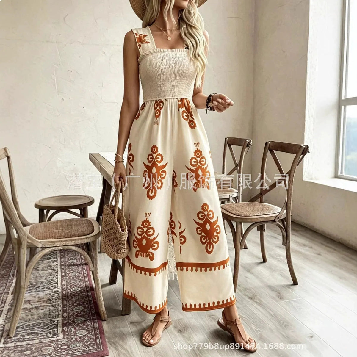 Jumpsuit Jumpsuits Print Smocked Waist Wide Strap Spring Summer Playsuit Overall