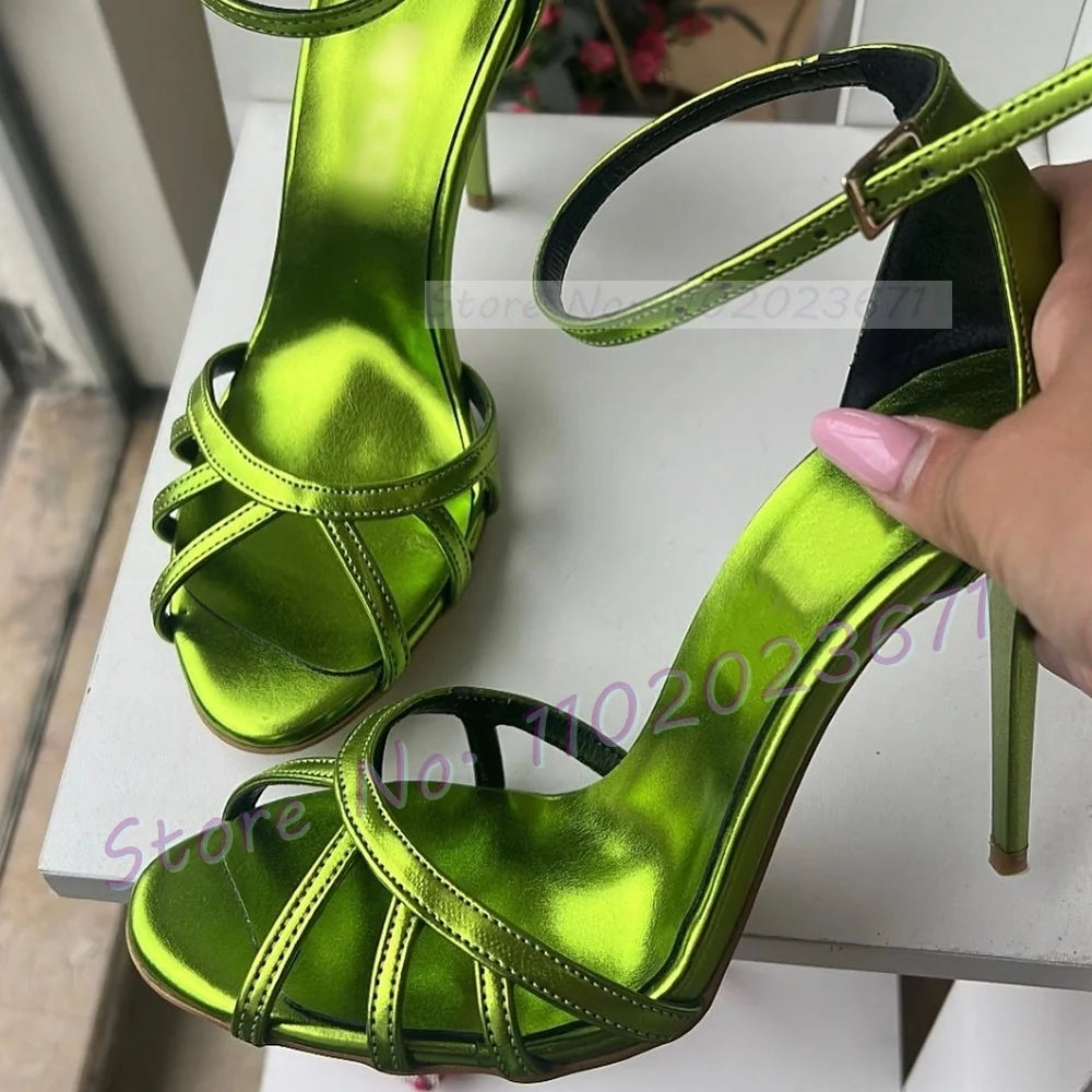 Green Metallic Party Sandals With High Heels Female Elegant Open Toe Cross Strap Sandal Luxury Women Summer Casual Stylish Shoes