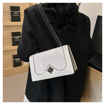 Leather Shoulder Bag Chain Purse for Women - Fashion Crossbody Bags Vintage Snake Print Underarm Bag Square Satchel Handbag
