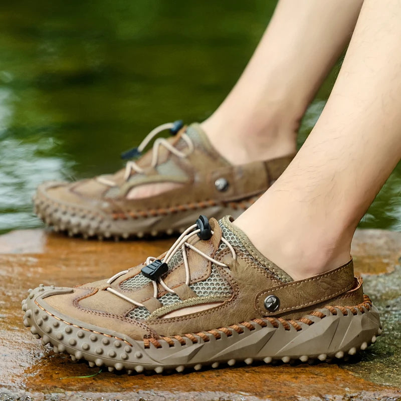 Mens Sandals Summer Outdoor Casual Mesh Hollow Walk Fishing Wading Shoes Lightweight Non Slip Hand Sewn Beach Slippers Man