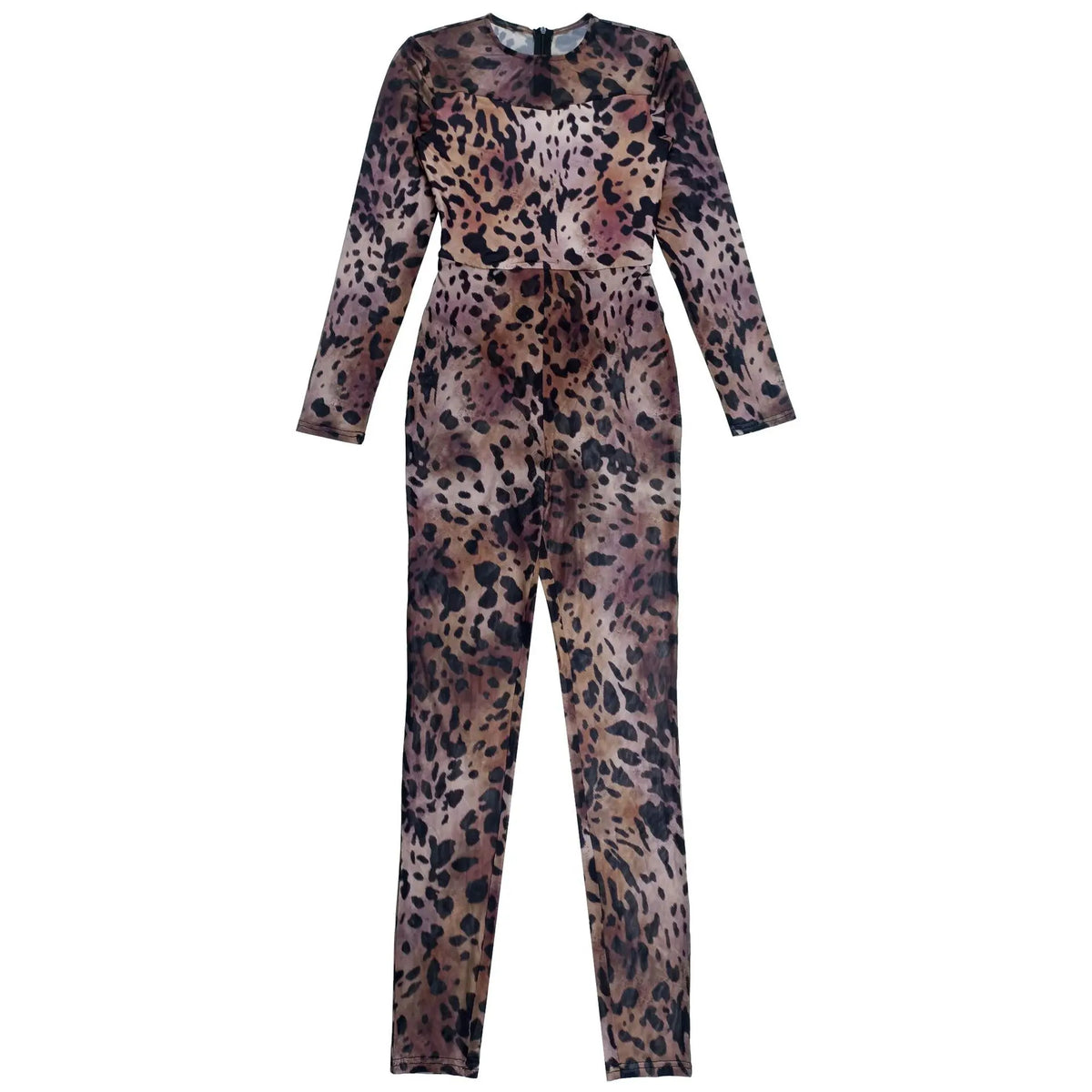 HBLL Sexy Leopard Print Bodycon Jumpsuits Women Long Sleeve Skinny One Piece Rompers Midnight Streetwear Sheer Mesh Overalls