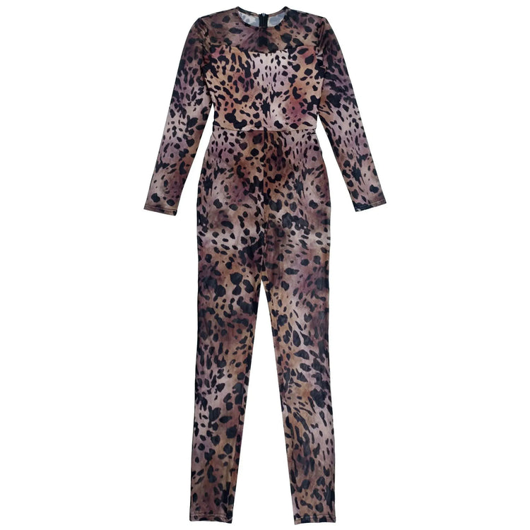 HBLL Sexy Leopard Print Bodycon Jumpsuits Women Long Sleeve Skinny One Piece Rompers Midnight Streetwear Sheer Mesh Overalls