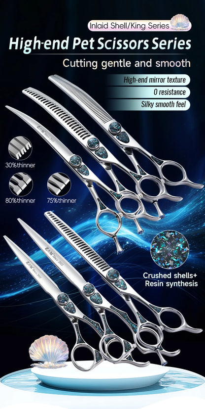 Fenice King Series 7/7.5Inch VG10 Shell Bearing Screws Dog Trimming Grooming Straight Curved Thinner Chunker Pet Scissors Tools
