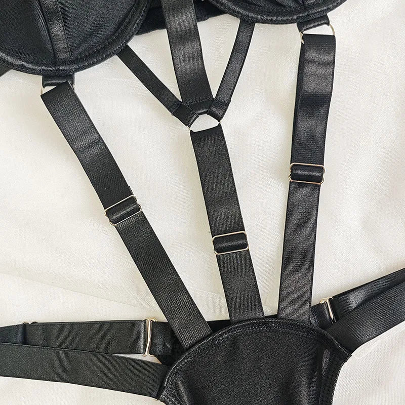 Magdalyn Women Sexy Intimate Strappy Bodysuits Fashion Underwire Push Up Skinny Rompers Slim Hollow Solid Black Rompers Lingerie