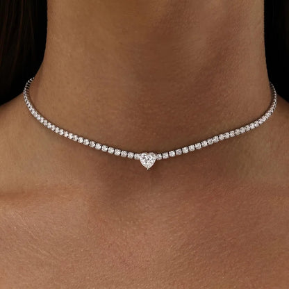 Heart Pendant 2mm Moissanite Tennis Necklace Certified 925 Sterling Silver Wedding Jewelry Riviera Choker Necklace Gift for Her