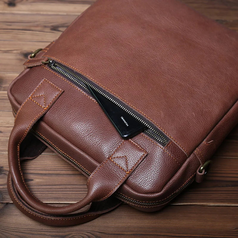 NZPJ New Retro Leather Men's Handbag Top Layer Cowhide Vertical Single Shoulder Messenger Bag Postman Briefcase Computer Bag