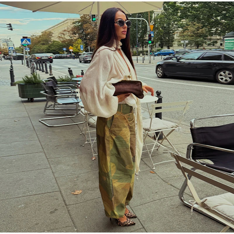 Women Camouflage Cargo Long Pants High Waist Wide Leg Drawstring Hem Baggy Trousers 2026 Autumn Casual Chic Vintage Streetwear