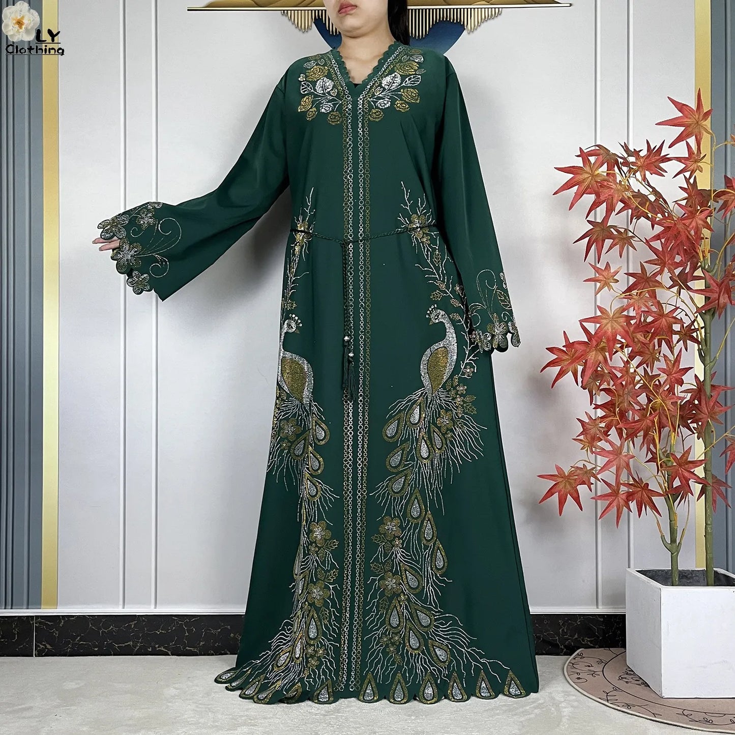 New Style Fashion Dubai Muslim Women Dress Elegant Arabic Femme Hijab Long Sleeve Chiffon Diamond Abaya Islamic Turkey Clothing