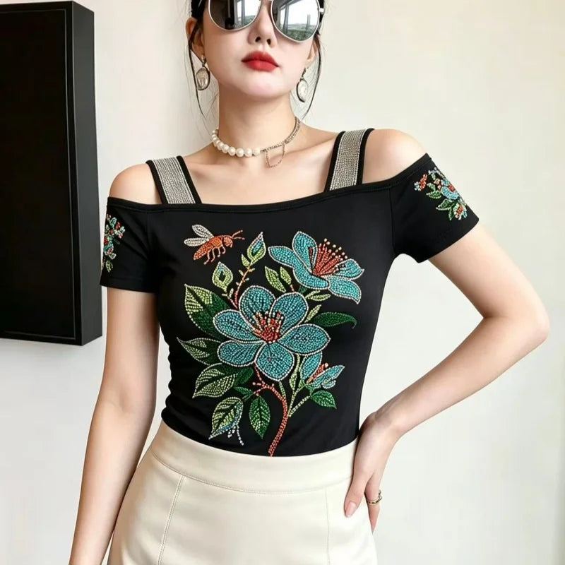 High Quality Elasticity Clothes Fashion T-Shirts Women's Sexy Off Shoulder Shiny Diamonds Mesh Tops Summer Tees Shirt
