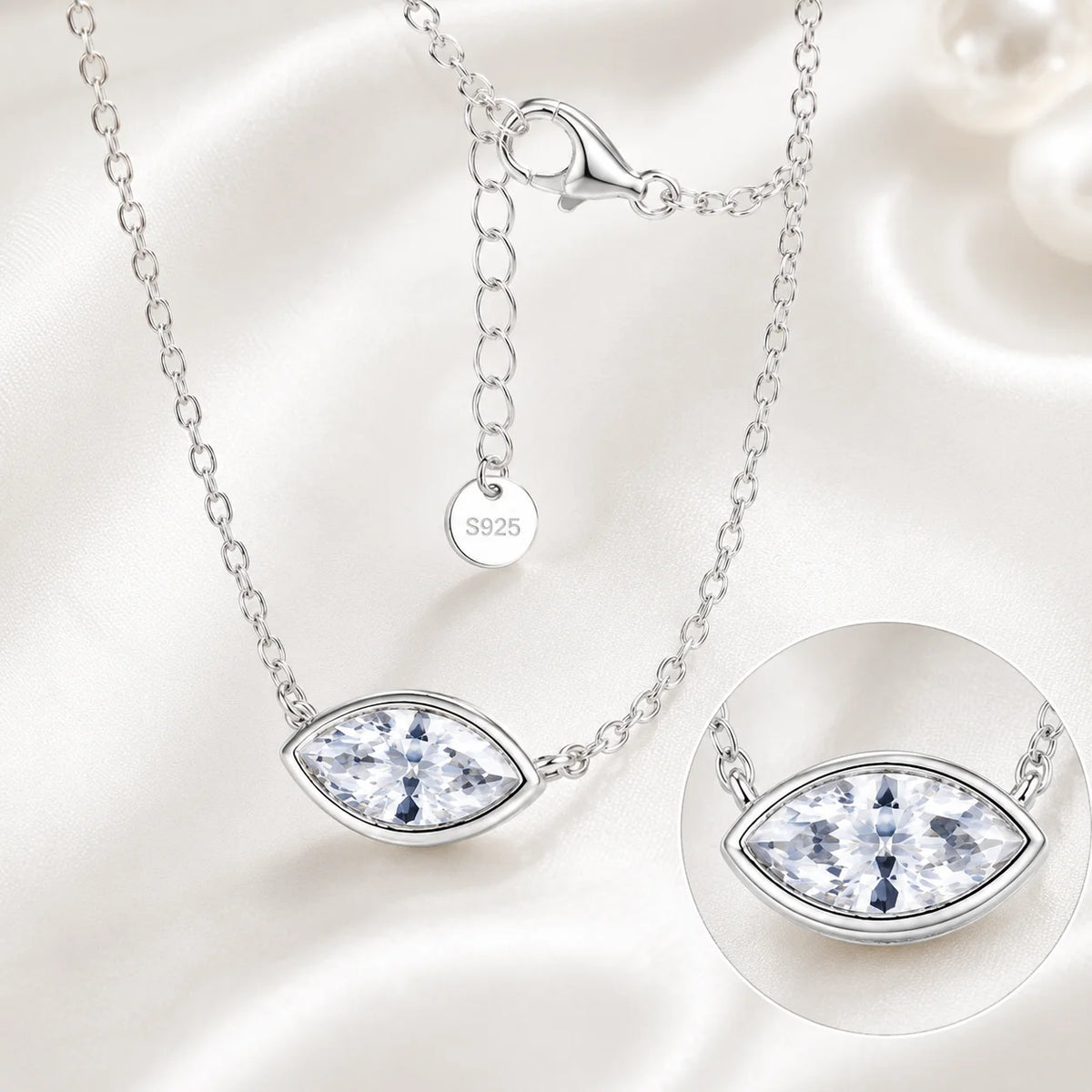 Evil Eye Moissanite Pendant Necklace Marquise Cut 4x8mm Bezel Set S925 Sterling Silver D Color VVS1 GRA Certified Gift for Women