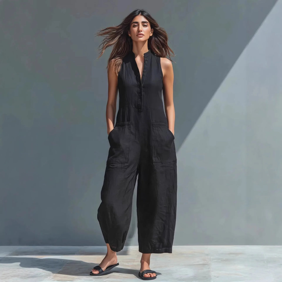 Cotton And Linen Jumpsuit Women Stand Collar Sleeveless Pocket High Waist Wide Legs Jumpsuits Casual Commuting Ladies Bodysuits