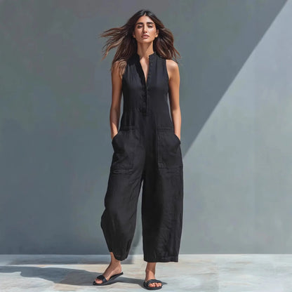Cotton And Linen Jumpsuit Women Stand Collar Sleeveless Pocket High Waist Wide Legs Jumpsuits Casual Commuting Ladies Bodysuits