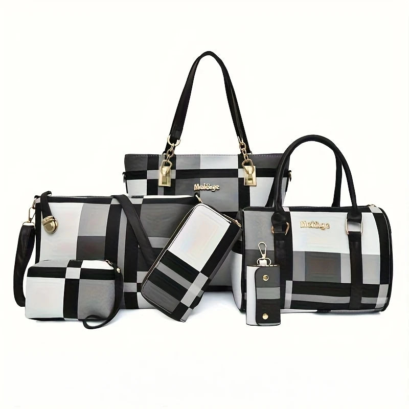 6 Pcs Women Plaid Handbag Set Fashion Checkered PU Leather Tote Shoulder Crossbody Bag Ladies Clutch Purse Card Coin Wallet Multi-piece Bag Set For Daily Shopping Party