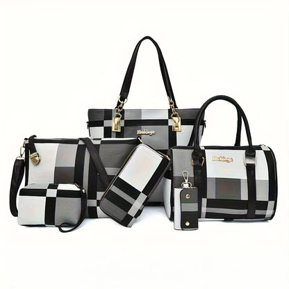 6 Pcs Women Plaid Handbag Set Fashion Checkered PU Leather Tote Shoulder Crossbody Bag Ladies Clutch Purse Card Coin Wallet Multi-piece Bag Set For Daily Shopping Party