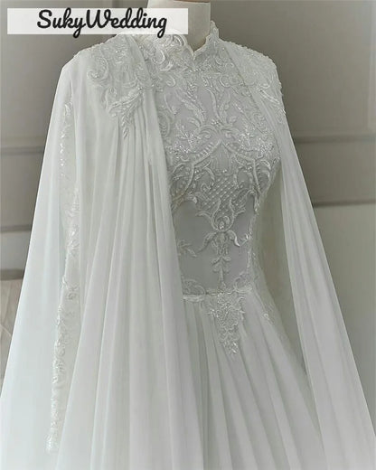 Muslim Arabic Wedding Dresses With Cape Lace Appliques Sequines High Neck Dubai Princess Bride Wedding Dress Customized