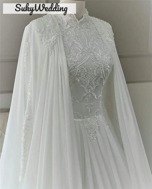 Muslim Arabic Wedding Dresses With Cape Lace Appliques Sequines High Neck Dubai Princess Bride Wedding Dress Customized