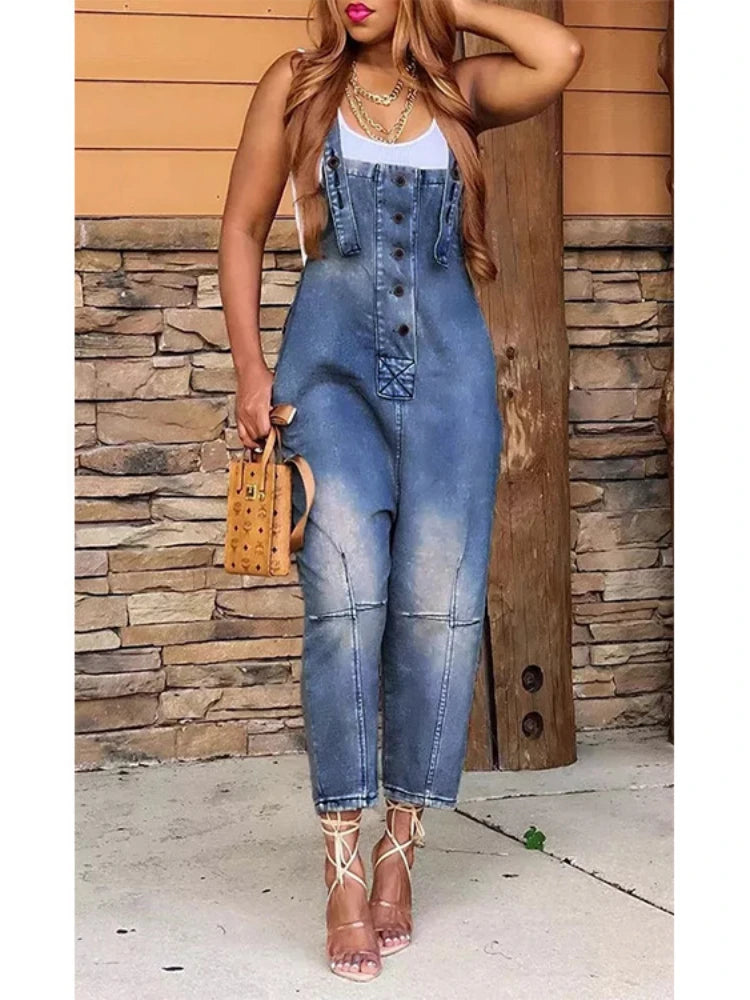 Women One Piece Jumpsuits Denim Pants Overalls Sleeveless Straight Trousers Spliced Rompers Casual Office Ladies Autumn