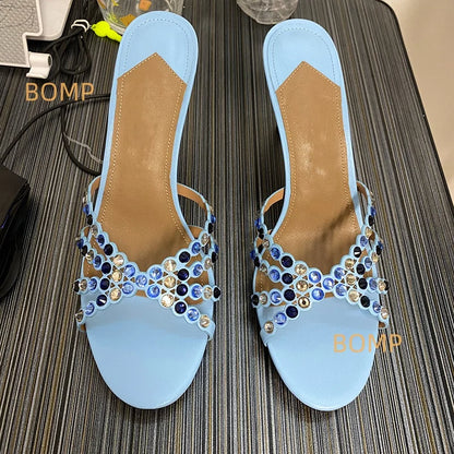 Fashionable Satin Pointed Toe Crystal High Heel Slippers Diamond Stiletto Sandals Luxury Sexy Design for Party Wedding Occasions
