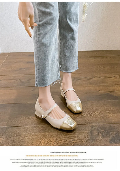 Fashion Mary Jane Women's Shoes 3cm Wide Heel Pumps Embroidered Flowers Pearl Buckle Strap Mary Jane Shoes Luxury Leather Heels