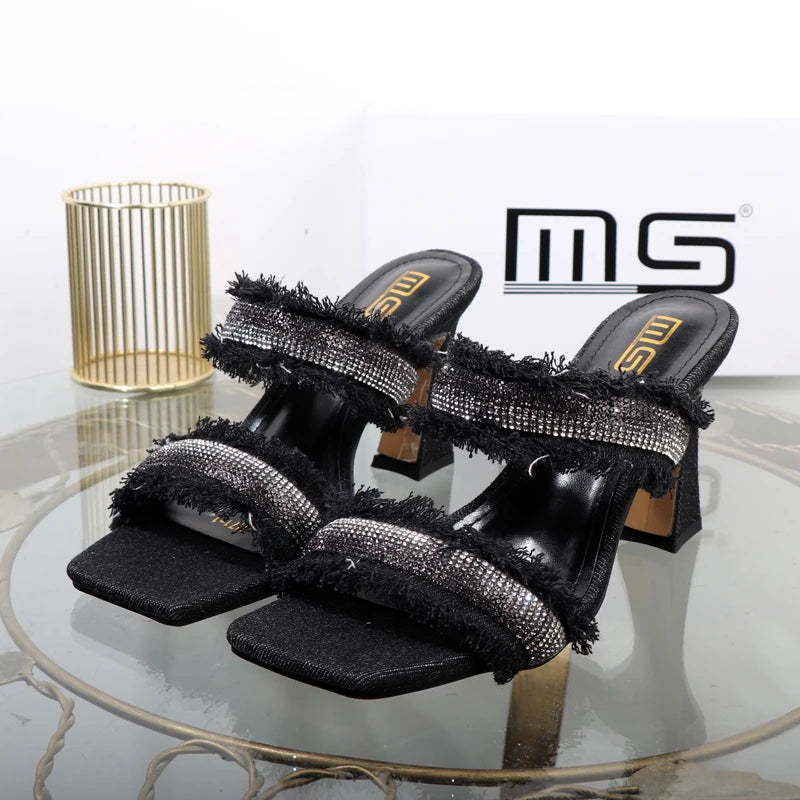 Denim women slippers 2025 new rhinestone plush stiletto heels women outdoor fashion women's slippers Luxury elegant women shoes