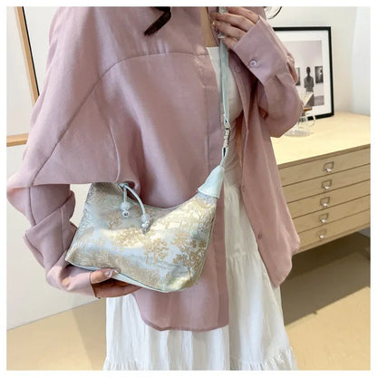 Fashion Luxury Women Embroidery Shoulder Bag Nylon Pearl Pendant Bucket Bag Versatile Handbag Retro Women Crossbody Bags сумка