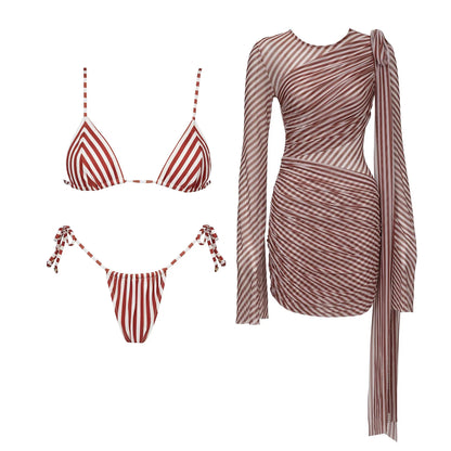 Striped 3Pcs Bandeau Biquini 2026 Women Sexy Swimsuit Push Up Swimwear Female Swimming Suits Low Waisted Bathingsuit Beachwear