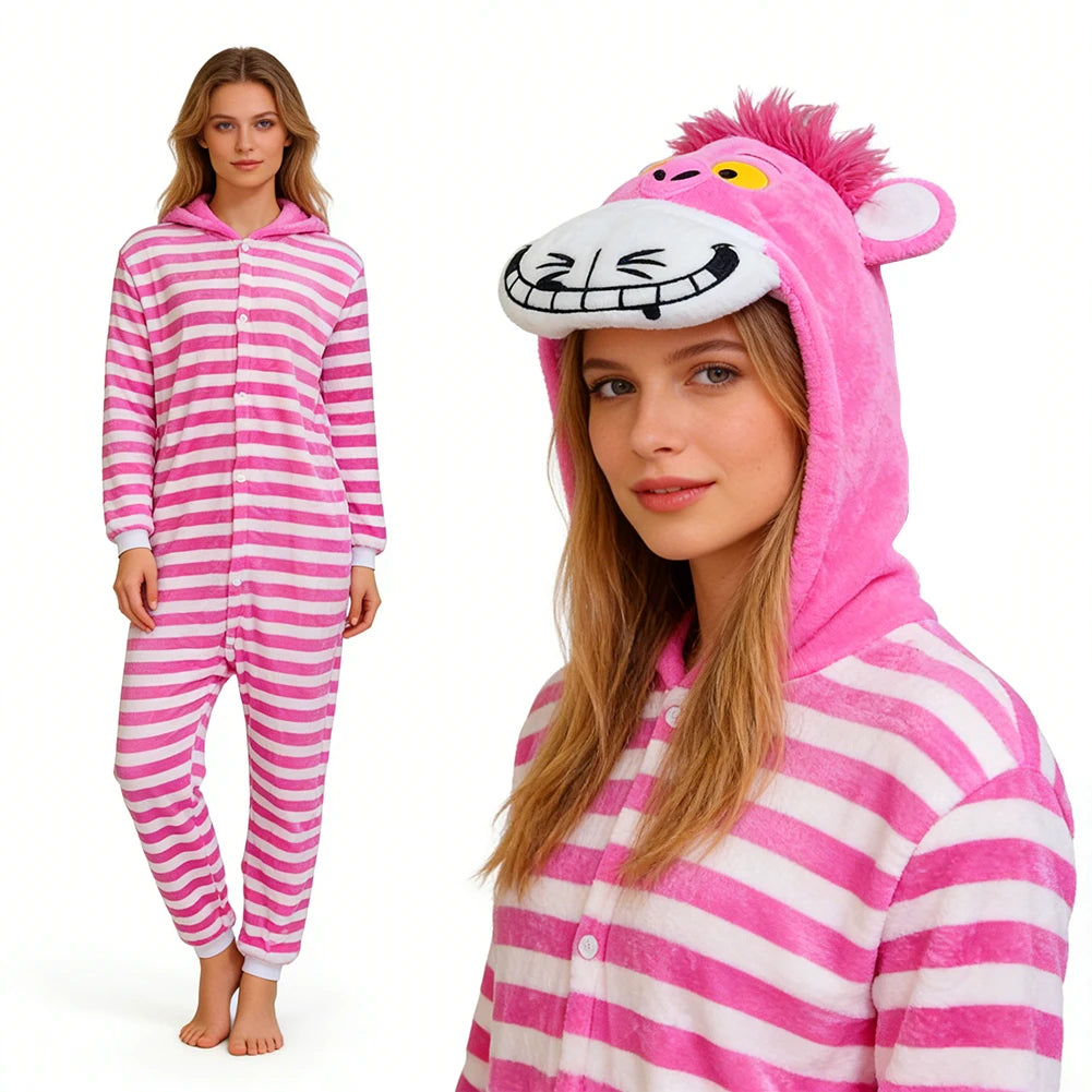 Cheshire Cat Cartoon One-Piece Pajamas Flannel Men and Women  Home Wear Autumn and Winter Home Clothing for Autumn and Winter