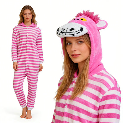 Cheshire Cat Cartoon One-Piece Pajamas Flannel Men and Women  Home Wear Autumn and Winter Home Clothing for Autumn and Winter