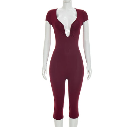 Solid Color Sexy Slim Fit and Slimming Chest U-Neck Jumpsuit, Versatile and Fashionable Jumpsuit Cropped Pants