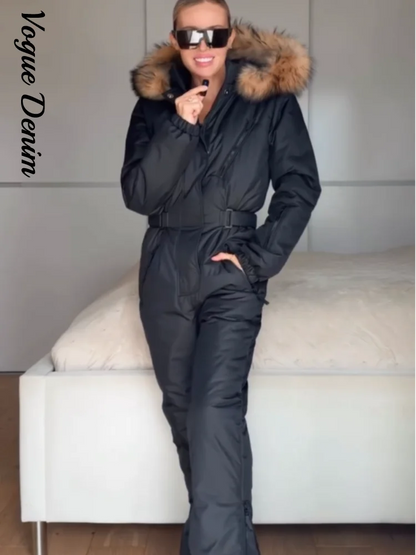 Casual Fur Hooded Patchwork Ski Jumpsuits Women Slim Thicken Zippers Belts Lady Jumpsuit 2026 Autumn Winter Chic Female Skiwear