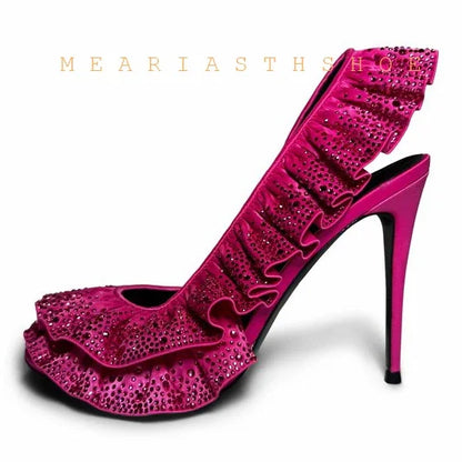 Solid Satin Ruffles Stiletto Sandals Women Elegant Back Strap Sweet Party Flower Shoes Ladies Open Toe Leopard Evening Sandals