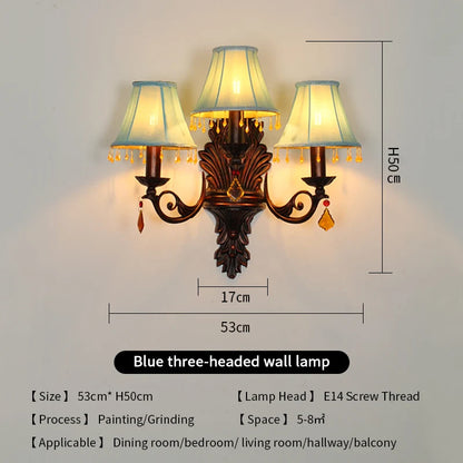 Retro American European Iron Art Red Cloth Crystal Wall Lamp for Hall Restaurant Bedroom Walkway Hotel Bar Decorative Wall Light