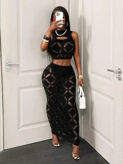 FHSEER Plus Size 2PCS Women's Sexy Set See Through Mesh Hollow Out Crop Tank & High Waist Bodycon Mini Skirt Stretechy Clubwear