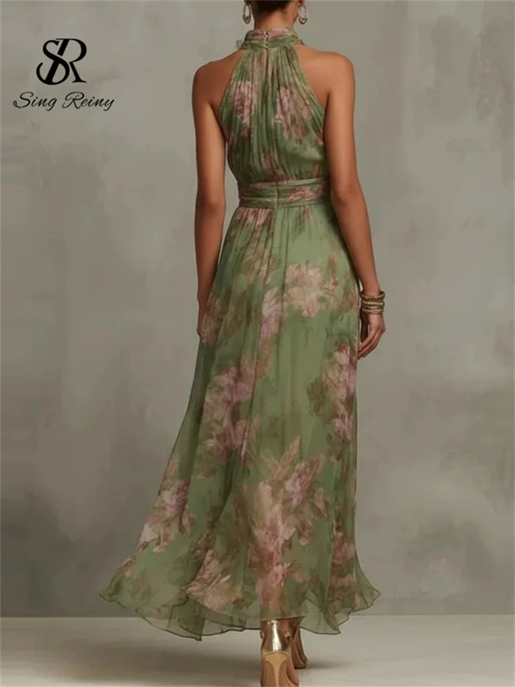 SINGREINY Elegant Green Floral Halter Chiffon Maxi Dresses Trendy Sleeveless A-line 2026 Women Floral Wedding Guest Party Dress